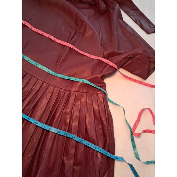 Eloquii Faux Leather Pleated Skirt Tie Neck Midi Dress Burgundy PLS READ Size 28 - Picture 9 of 12